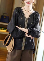 Black Embroideried Solid Linen Top Long Sleeve