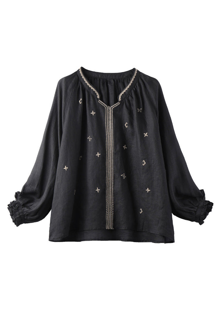 Black Embroideried Solid Linen Top Long Sleeve