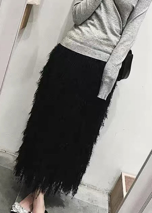 Black Feather Solid Knit Fall Skirts High Waist