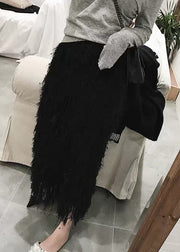 Black Feather Solid Knit Fall Skirts High Waist