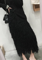 Black Feather Solid Knit Fall Skirts High Waist