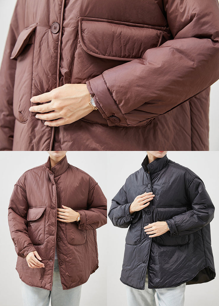 Black Fine Cotton Filled Puffers Jackets Stand Collar Pockets Winter