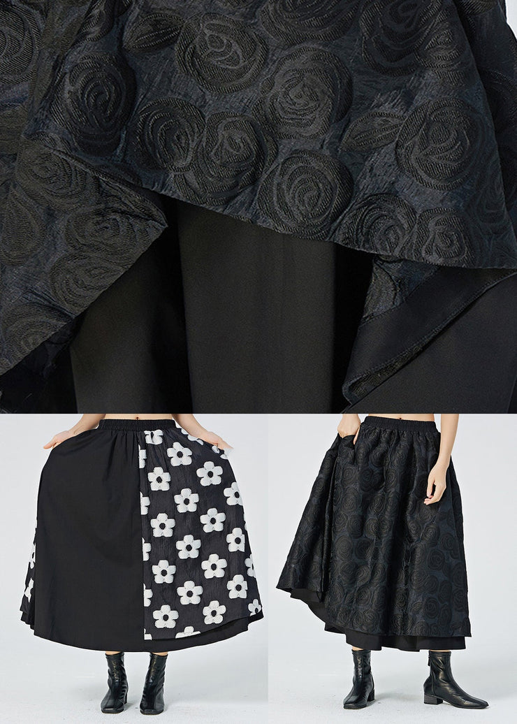 Black Floral Elastic Waist Maxi Skirt