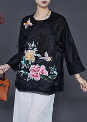 Black Floral Organza Shirt Tops Embroidered Butterfly Summer