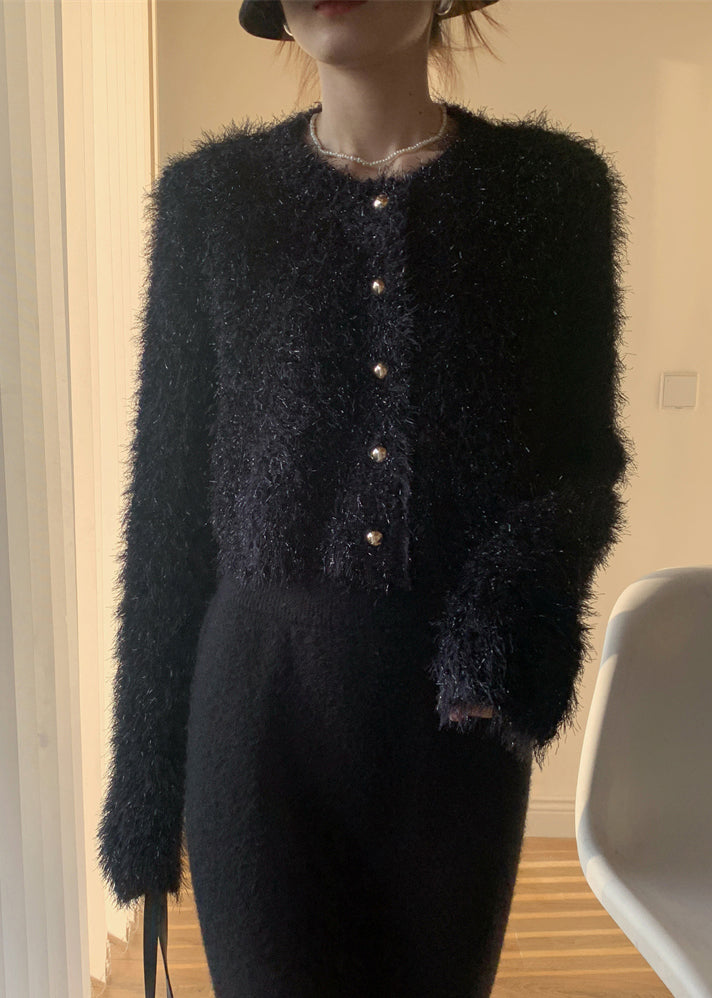 Black Fluffy Solid Knit Cardigan O-Neck Winter