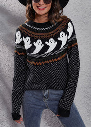 Black Ghost Cozy Patchwork Knit Sweaters O Neck Fall