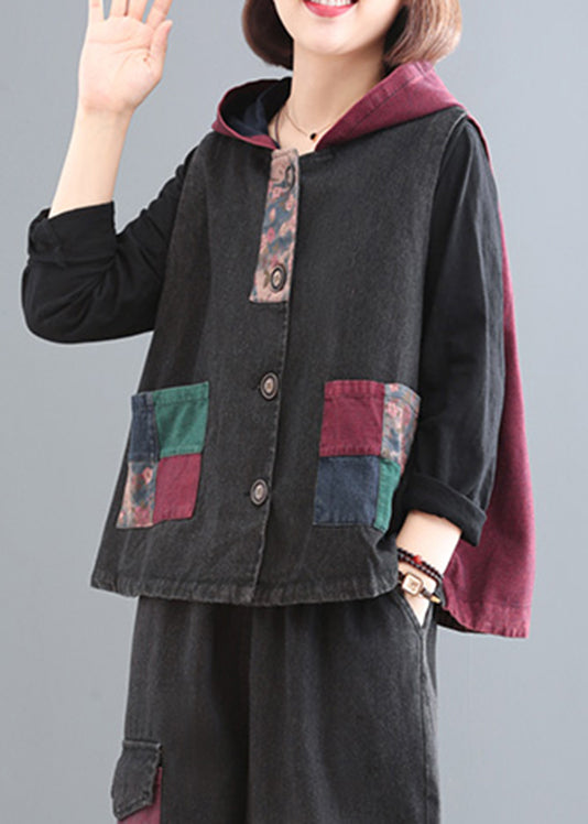 Black Grey Colour Patchwork Pockets Cotton Hooded Waistcoat Sleeveless