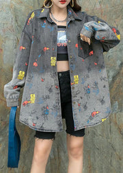 Black Grey Graphic Patchwork Denim Shirts Coat Peter Pan Collar Spring