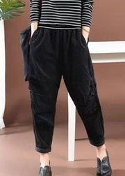 Black High Waist Corduroy Crop Pants Pockets Spring