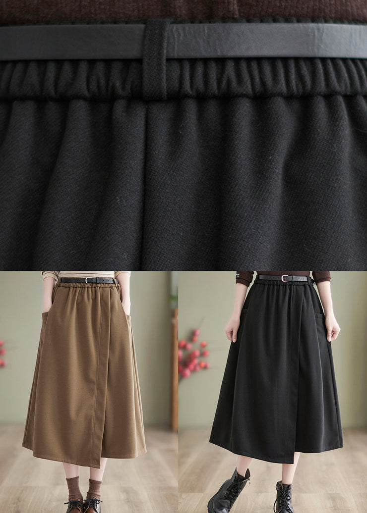 Black High Waist Patchwork Woolen A Line Skirts Asymmetrical