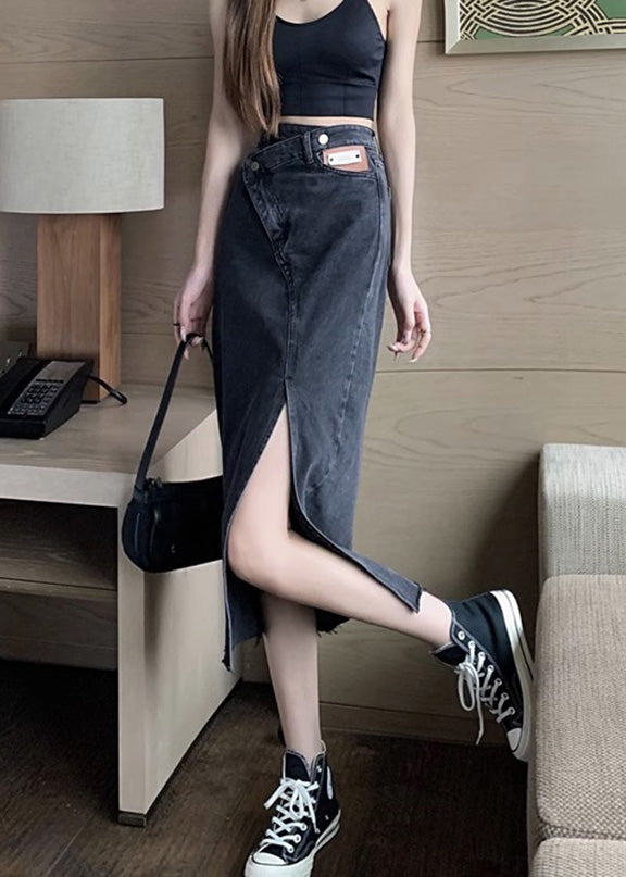 Black High Waist Pockets Button Solid Denim A Line Skirt