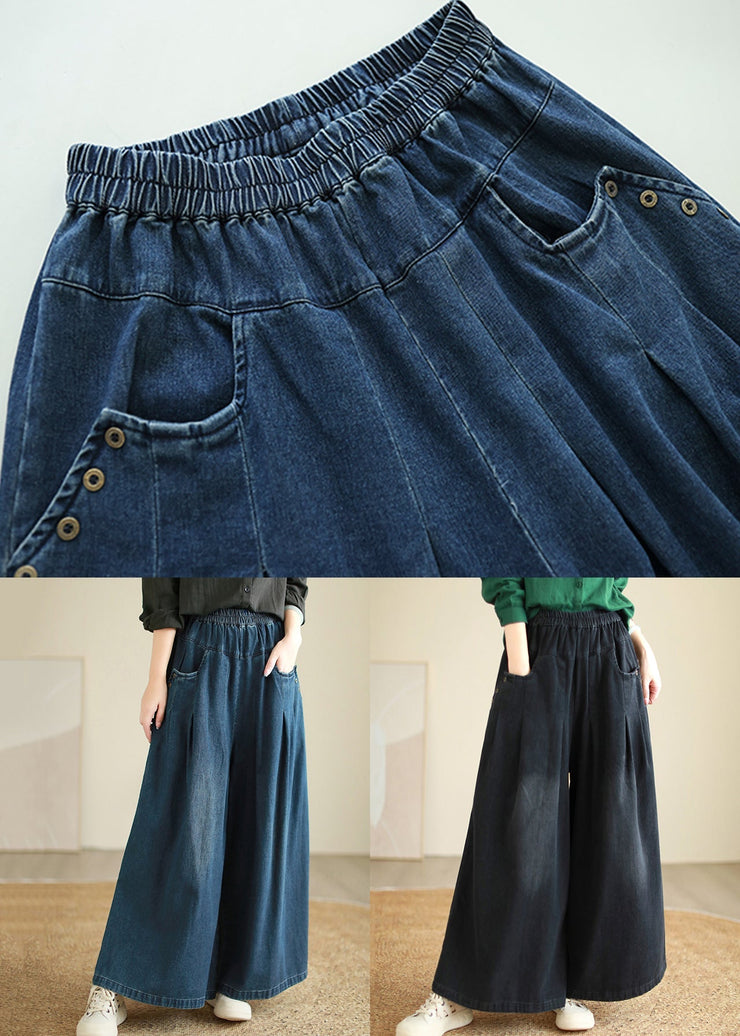 Black High Waist Pockets Denim Wide Leg Pants Pockets Fall