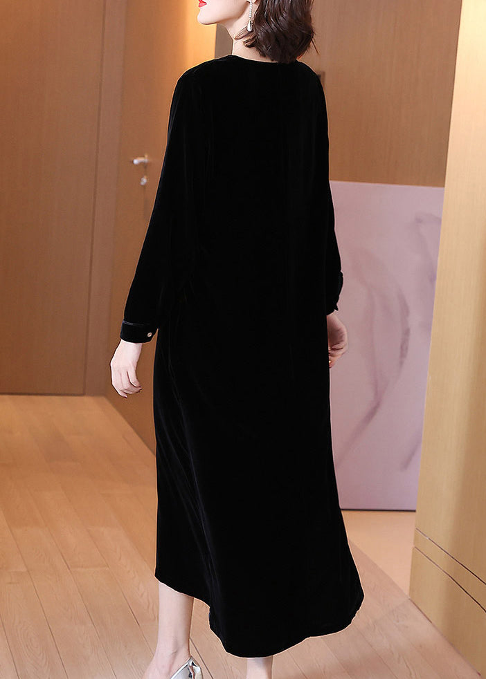 Black High Waist Silk Velour Long Dress V Neck Spring