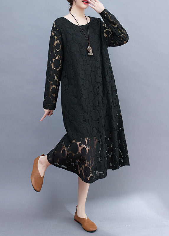 Black Hollow Out Lace A Line Dress O-Neck Summer