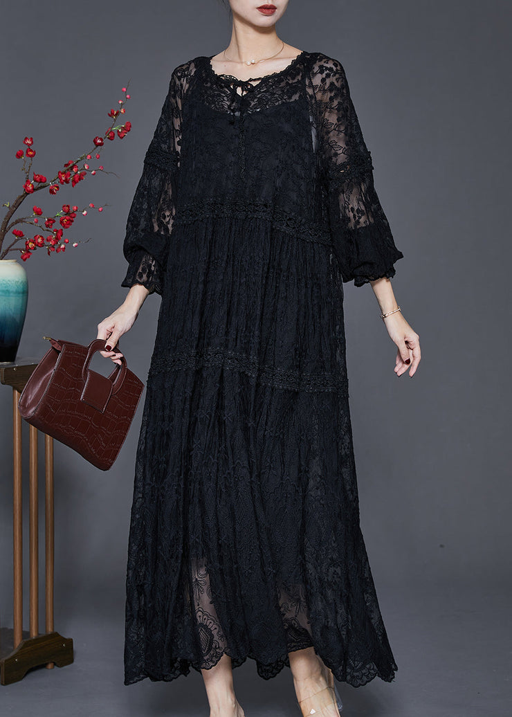 Black Hollow Out Lace Long Dress Two Pieces Set Embroidered Spring