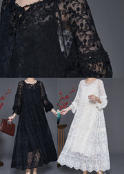 Black Hollow Out Lace Long Dress Two Pieces Set Embroidered Spring