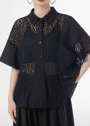 Black Hollow Out Patchwork Lace Shirt Top Peter Pan Collar Short Sleeve