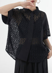 Black Hollow Out Patchwork Lace Shirt Top Peter Pan Collar Short Sleeve