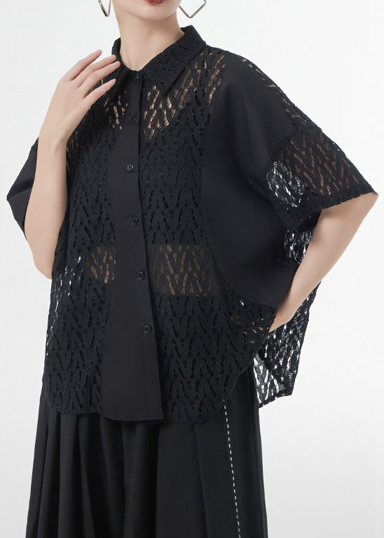 Black Hollow Out Patchwork Lace Shirt Top Peter Pan Collar Short Sleeve