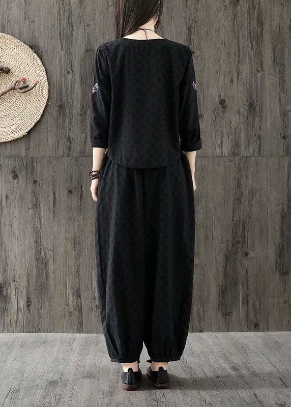 Black Jacquard Cotton Two Piece Set Women Clothing Embroideried Oriental Button Spring