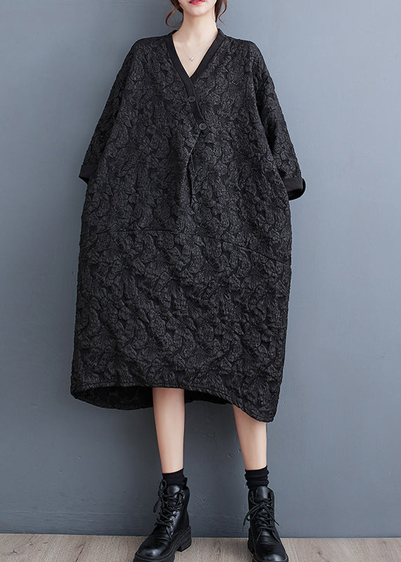 Black Jacquard Patchwork Plus Size Cotton Dress V Neck Fall