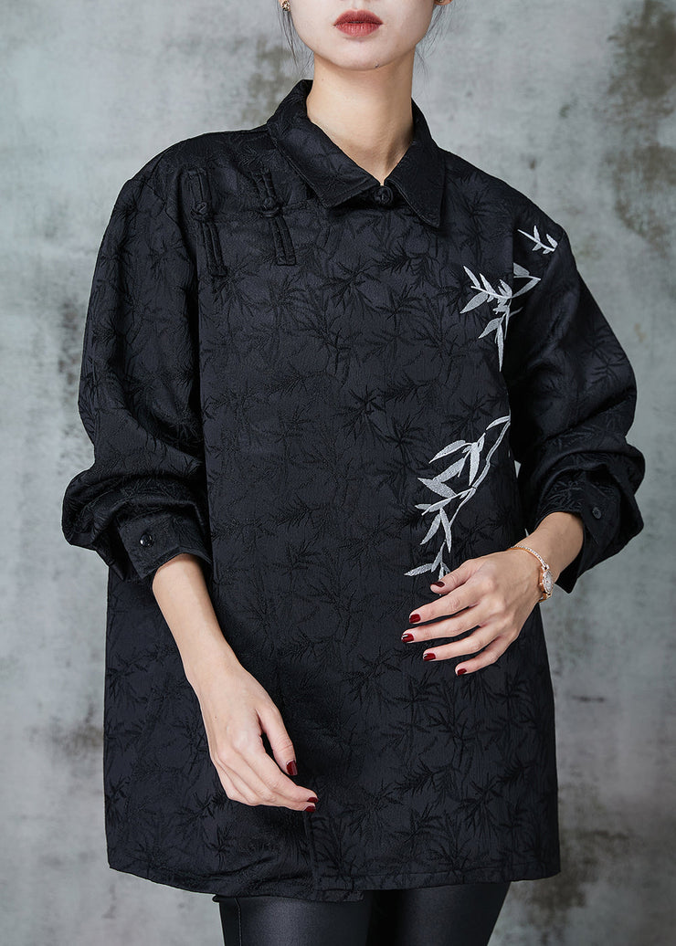 Black Jacquard Silk Shirt Embroideried Chinese Button Spring