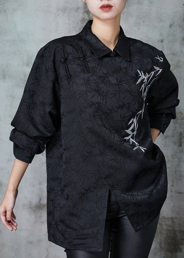 Black Jacquard Silk Shirt Embroideried Chinese Button Spring