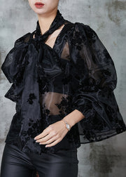 Black Jacquard Tulle Blouse Top Hollow Out Spring