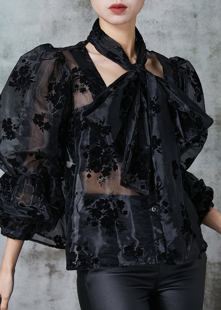 Black Jacquard Tulle Blouse Top Hollow Out Spring