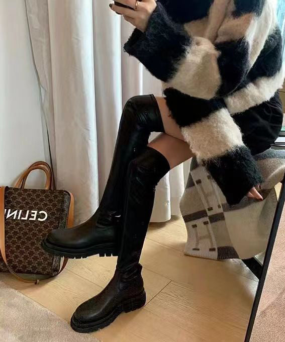 Black Knee Boots Platform Cowhide Leather Art Splicing Zippered