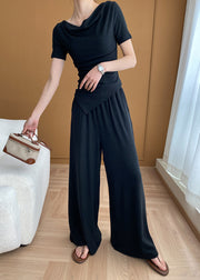 Black Knit Two Pieces Set Asymmetrical Cold Shoulder Summer