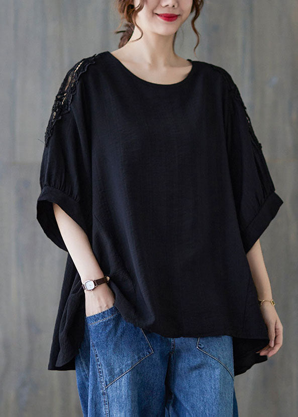 Black Lace Patchwork Cotton T Shirt Top Asymmetrical Summer