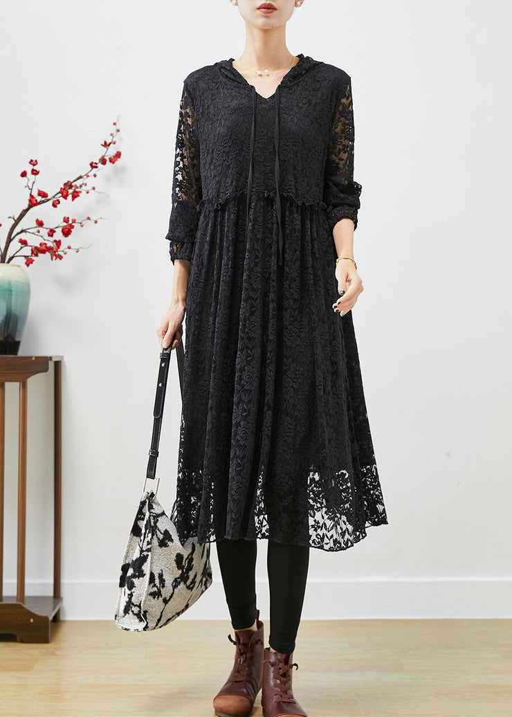 Black Lace Robe Dresses Hooded Exra Large Hem Fall