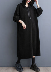 Black Lace Tie Patchwork Hooded Long Dress Long Sleeve