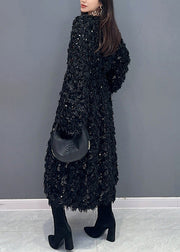 Black Lace Up Patchwork Fuzzy Fur Fluffy Long Dressess V Neck Spring