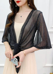 Black Lace Up Thin Tulle Cardigans V Neck Flare Sleeve