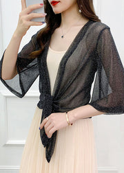 Black Lace Up Thin Tulle Cardigans V Neck Flare Sleeve