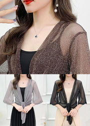 Black Lace Up Thin Tulle Cardigans V Neck Flare Sleeve