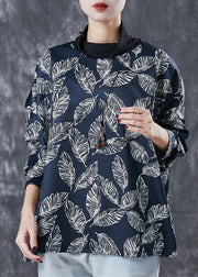 Black Leaf Print Spandex Sweatshirts Top Turtle Neck Spring