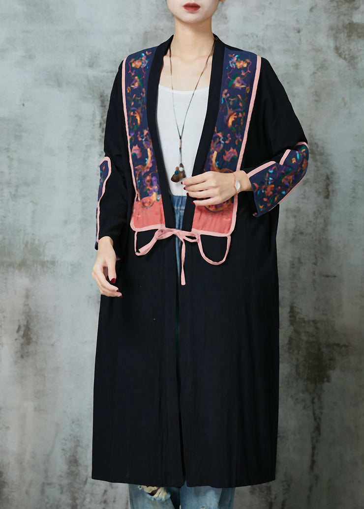 Black Linen Cardigans Embroidered Lace Up Spring