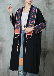 Black Linen Cardigans Embroidered Lace Up Spring