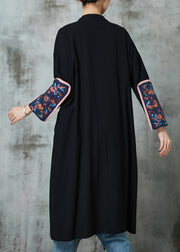 Black Linen Cardigans Embroidered Lace Up Spring