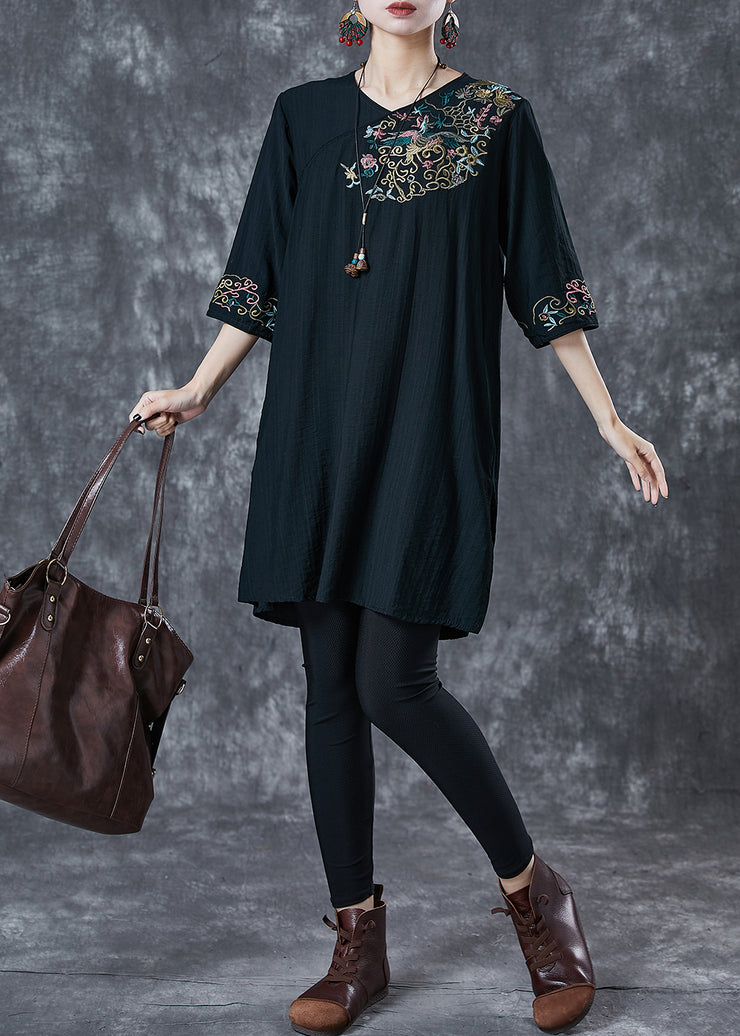 Black Linen Mid Dresses Embroidered Half Sleeve