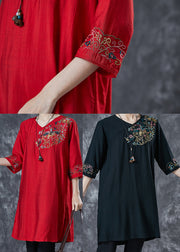 Black Linen Mid Dresses Embroidered Half Sleeve