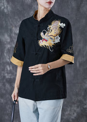 Black Linen Top Embroidered Chinese Button Short Sleeve