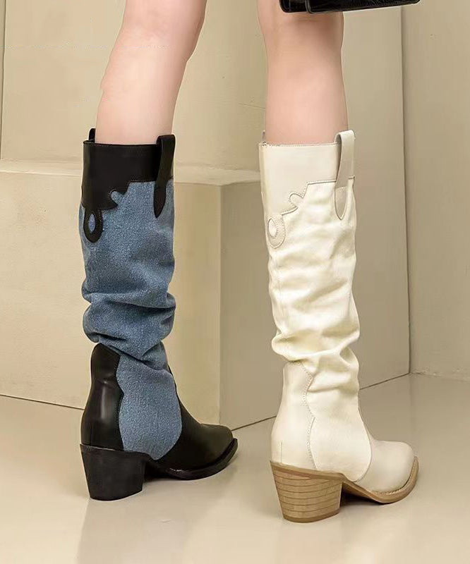 Black Long Boots Fashion Splicing Chunky Pointed Toe