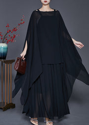 Black Loose Chiffon Two Piece Suit Set Asymmetrical Design Spring