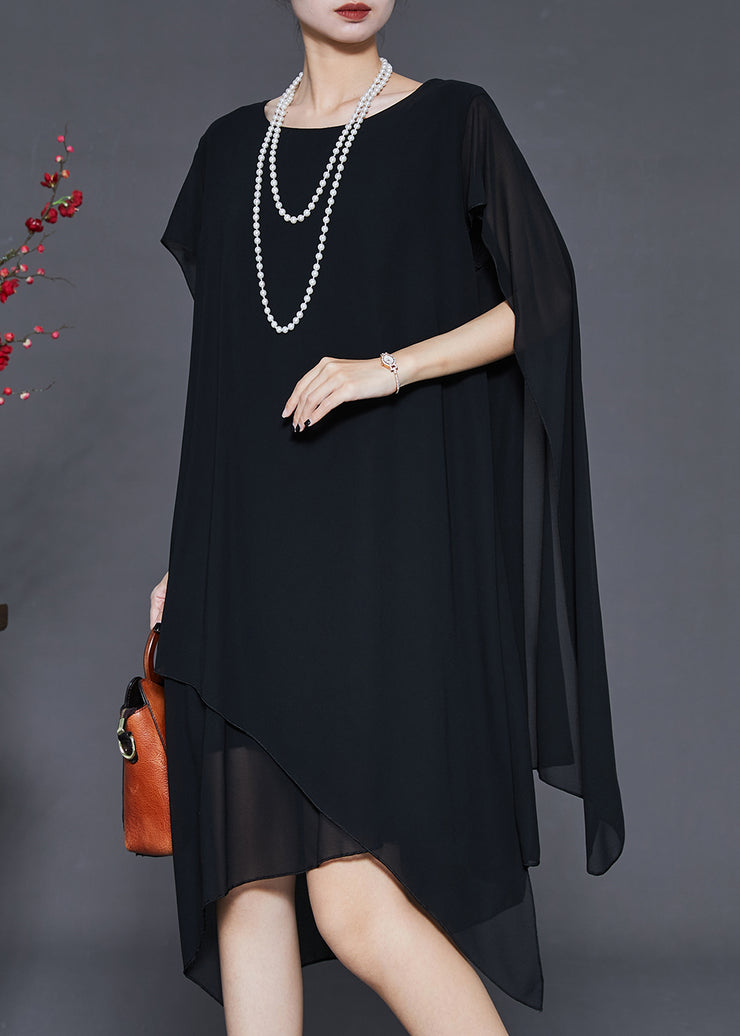 Black Loose Chiffon Vacation Dresses Asymmetrical Summer