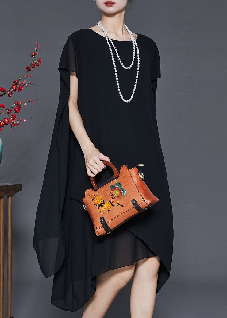 Black Loose Chiffon Vacation Dresses Asymmetrical Summer