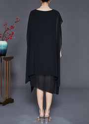 Black Loose Chiffon Vacation Dresses Asymmetrical Summer